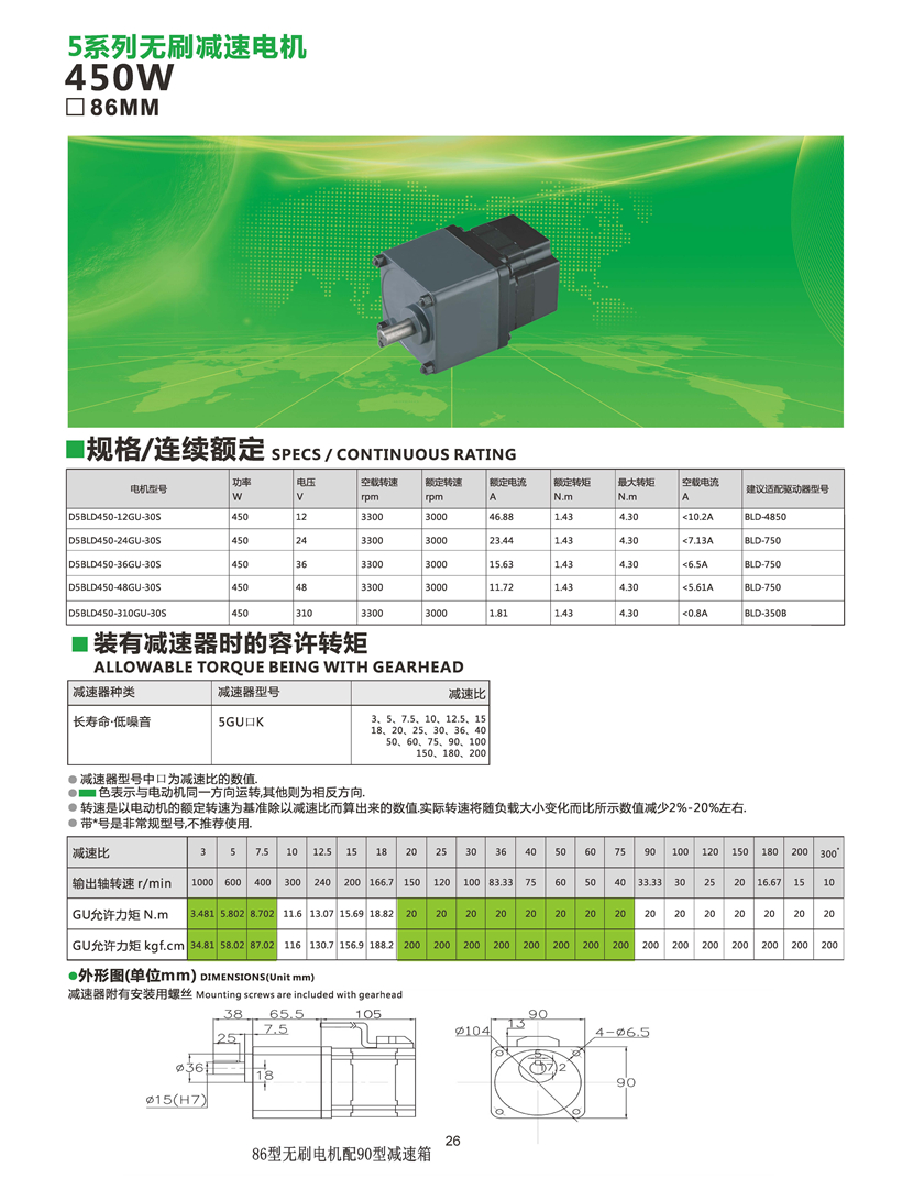 無刷減速電機450W